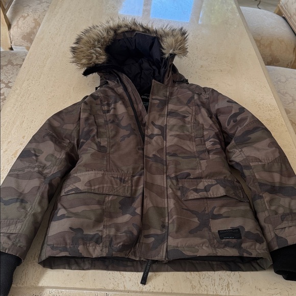 Jackets & Blazers - Aritzia Camouflage Hooded Jacket with Faux Fur Trim